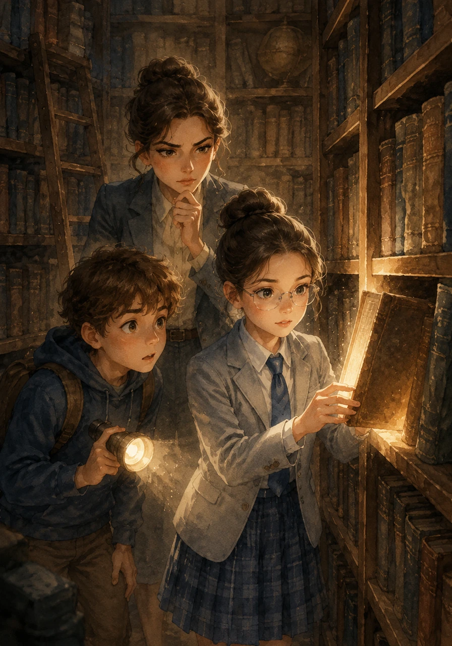 Eleonora intuisce che il tesoro della missione è nascosto tra gli scaffali della biblioteca, guidata dai racconti fantastici di Gabriele. Insieme, i due piccoli esploratori seguono una scia di storie che li conduce verso un antico volume impolverato.
