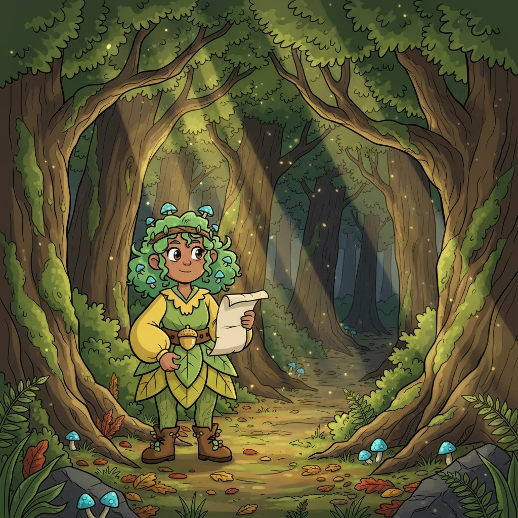 Elara, a young girl with hair the color of autumn leaves, stood at the edge of the Whispering Forest. Sunbeams danced through the leaves, casting a golden glow on the ancient trees. She clutched a worn map, her heart filled with a mix of excitement and apprehension as she prepared to enter.