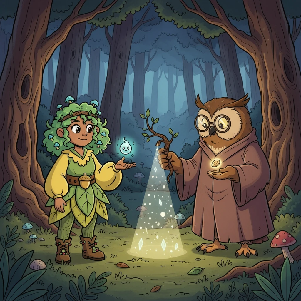 After much thought, Elara solved the riddle using her wit and kindness. Professor Hoot, impressed by her intelligence and compassion, revealed the path to the heart of the forest. He also gifted her a small, glowing seed.