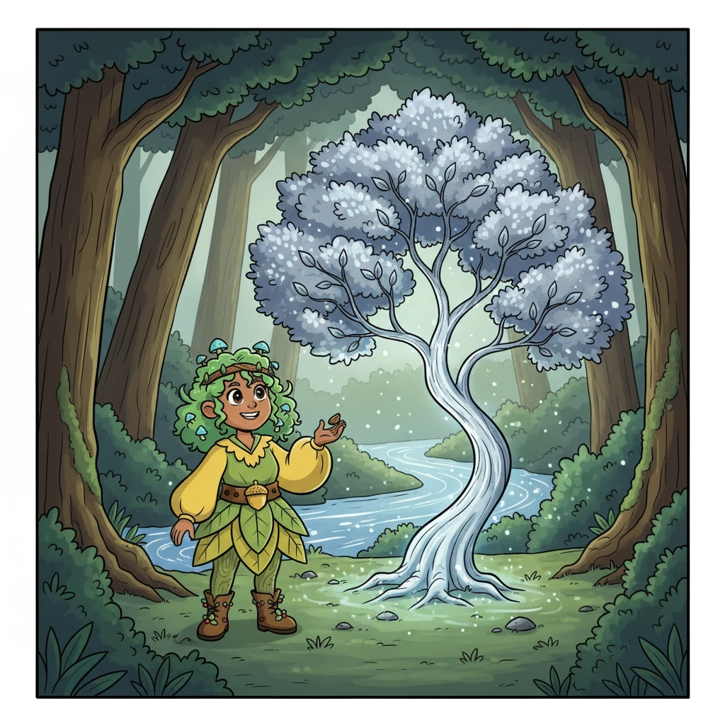 Following the path, Elara arrived at a hidden clearing where a sparkling stream flowed. She planted the seed, and instantly, a magnificent tree with silver leaves sprouted, its branches reaching towards the sky. The tree's presence filled the forest with peace.