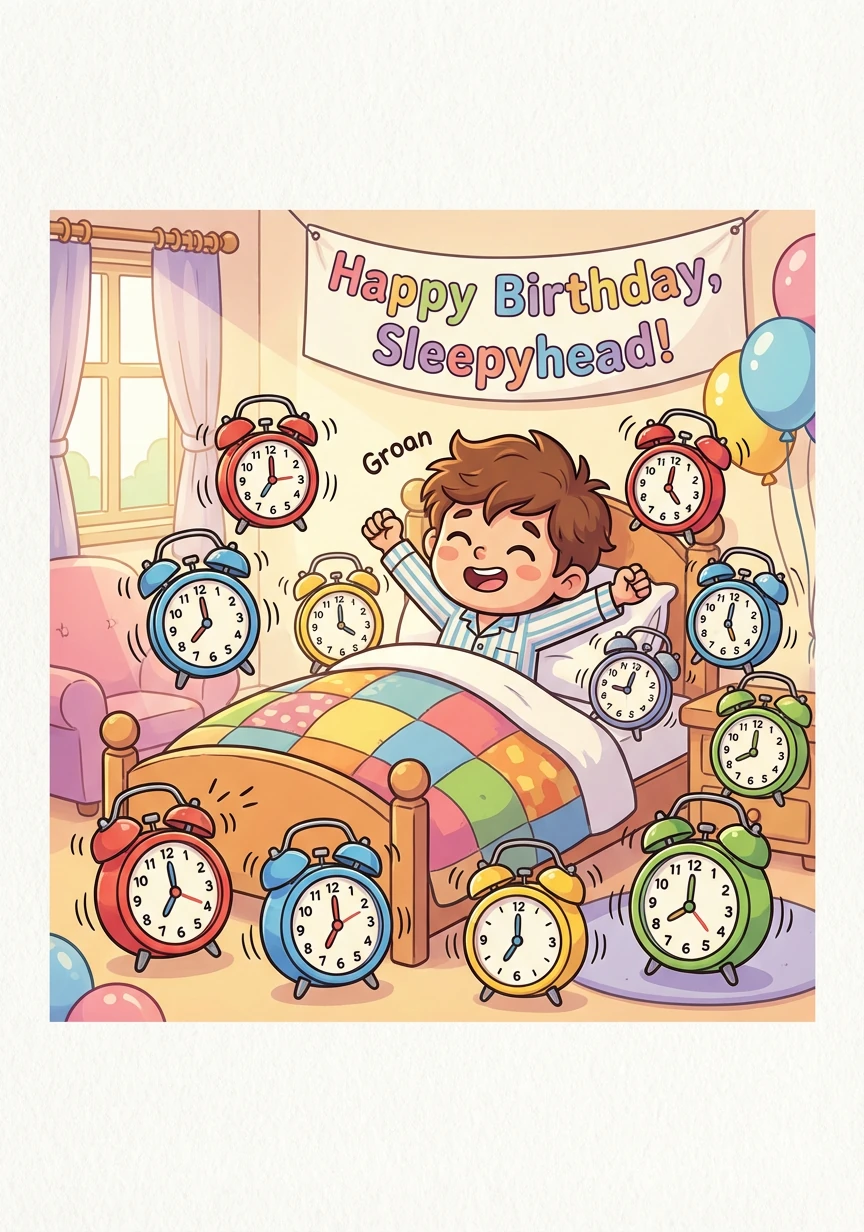 The scene opens with Naman waking up on his birthday, surrounded by alarm clocks all set to different times. A banner above his bed reads, 'Happy Birthday, Sleepyhead!' He groans good-naturedly, knowing his friends are already plotting.