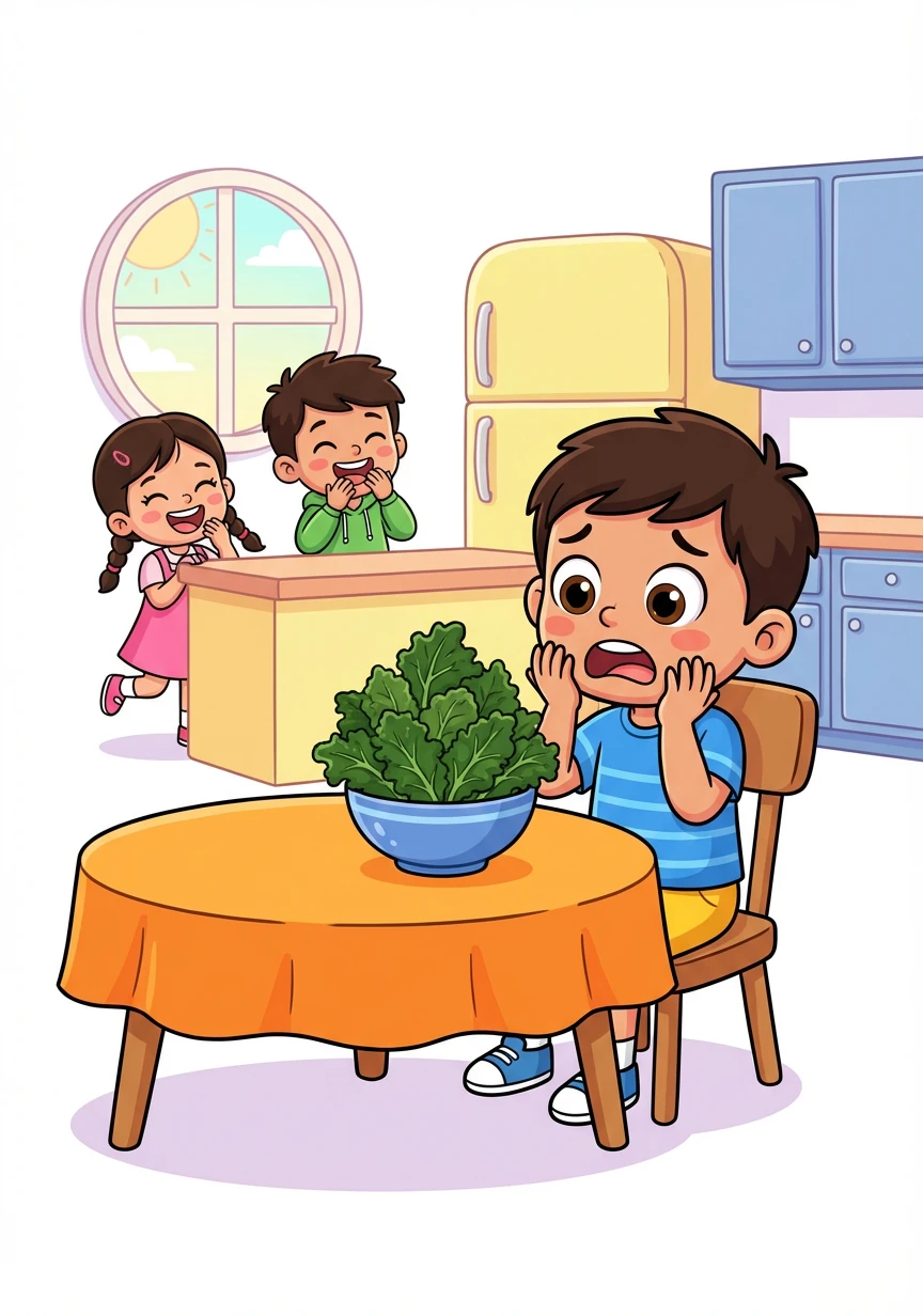 At breakfast, Naman finds his usual cereal replaced with a mountain of kale. His friends, hiding behind the kitchen counter, erupt in laughter as he stares at the green monstrosity with mock horror. He knows this is only the beginning.