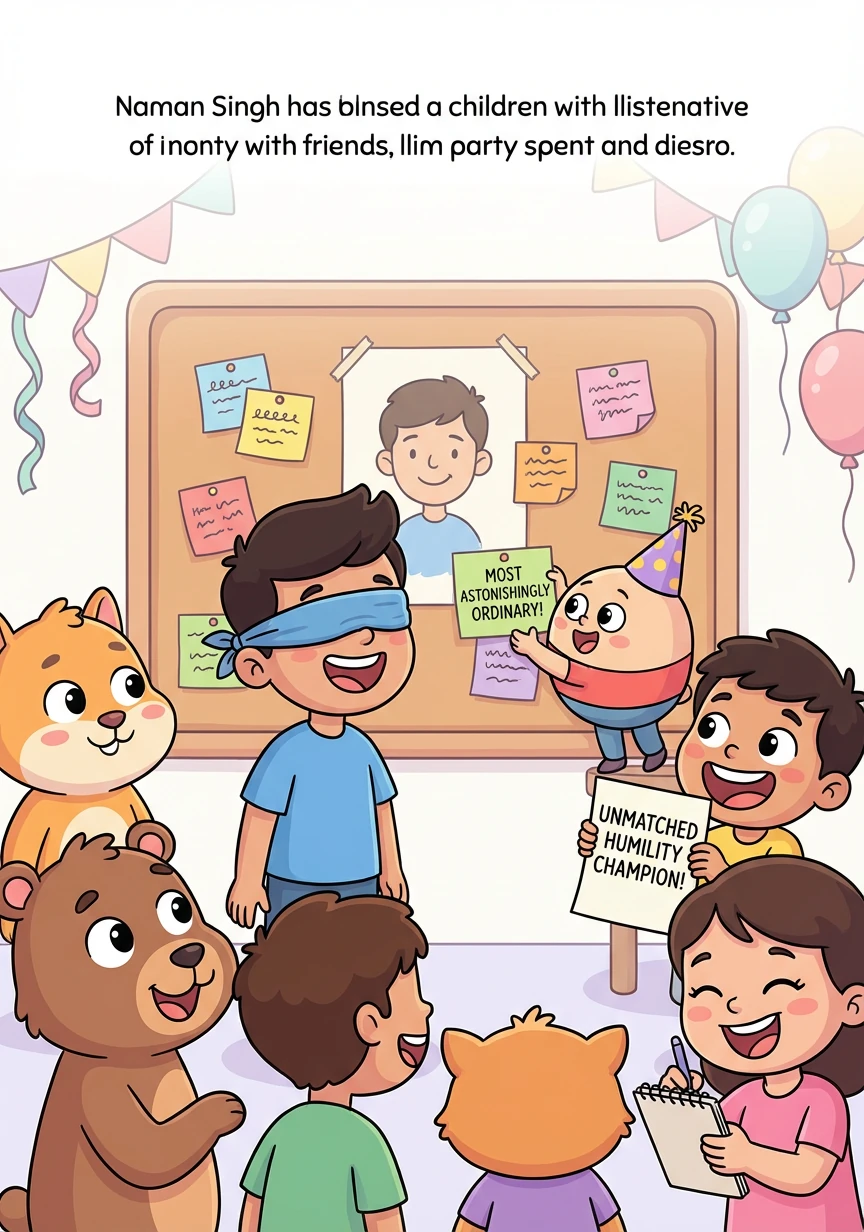 A game of 'Pin the Compliment on Naman' ensues, with each guest writing down the most over-the-top, exaggerated compliment they can think of. The results are hilariously absurd, highlighting his 'unmatched humility' and 'astonishing ordinariness'.