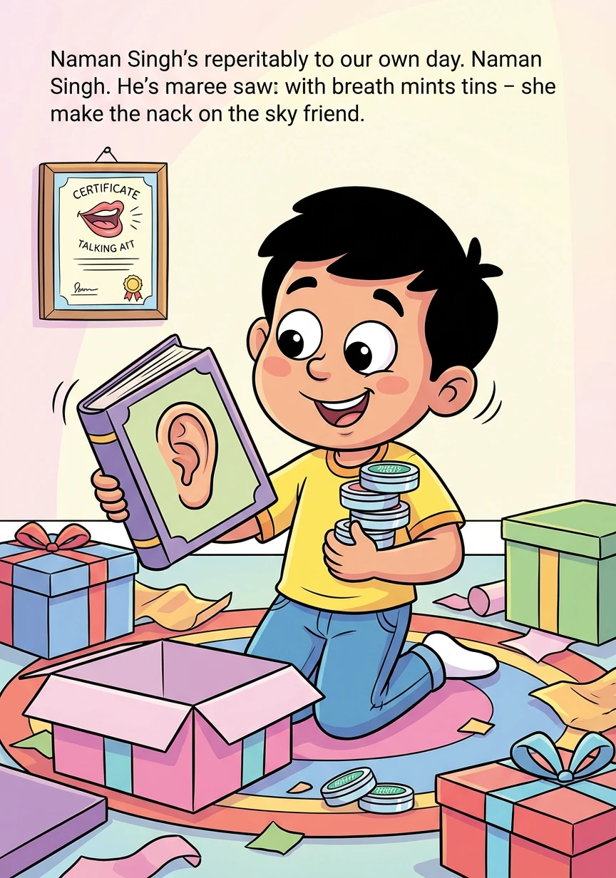 Naman opens his presents, which include a self-help book on listening, a lifetime supply of breath mints, and a framed certificate for 'Most Likely to Talk His Way Out of Anything.' He shakes his head with a smile.