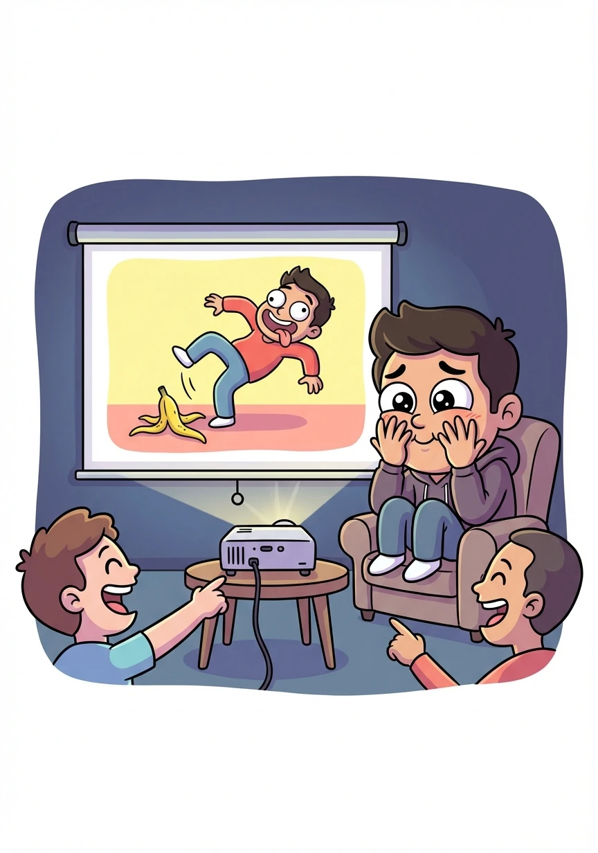 A slideshow presentation begins, showcasing Naman's most epic fails and awkward moments, complete with witty commentary and sound effects. He covers his face in mock embarrassment, but secretly enjoys being the center of attention.