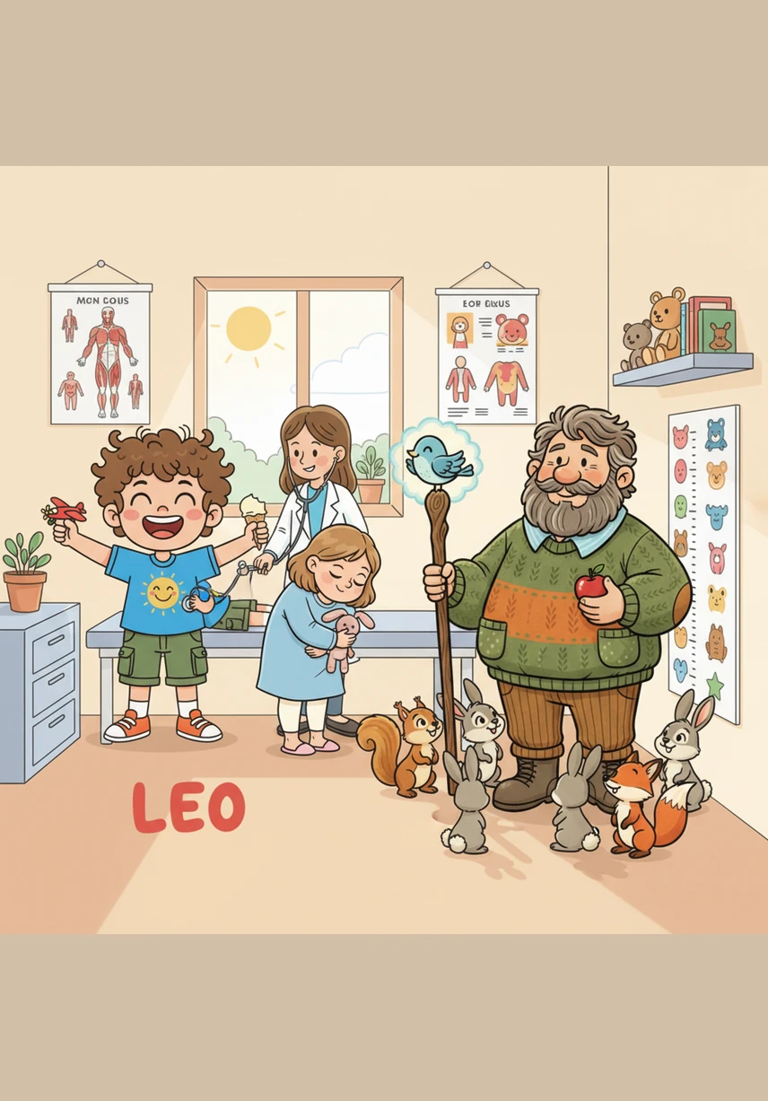 Sometimes Leo visits special doctors who check on his superhero body to make sure he is growing strong and healthy. They use shiny tools and ask him to show off his amazing strength and his famous, wide-reaching smile.