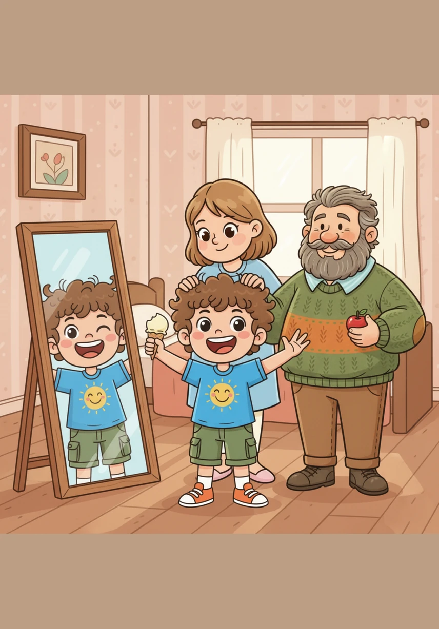 Leo looks in the mirror and gives himself a big, happy wink and a giant, joyful grin. He knows that he is brave, he is loved by everyone around him, and he is perfect just the way he was made.