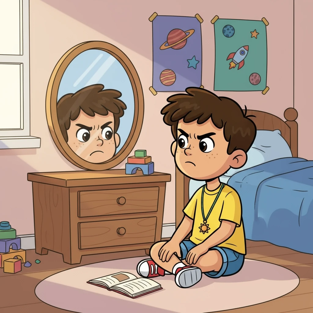 Joseph se encontraba sentado en su habitación, mirando fijamente un espejo. Fruncía el ceño, preguntándose por qué le resultaba tan difícil seguir las reglas de la escuela, especialmente aquellas relacionadas con el respeto hacia los demás. Sentía una mezcla de frustración y confusión.