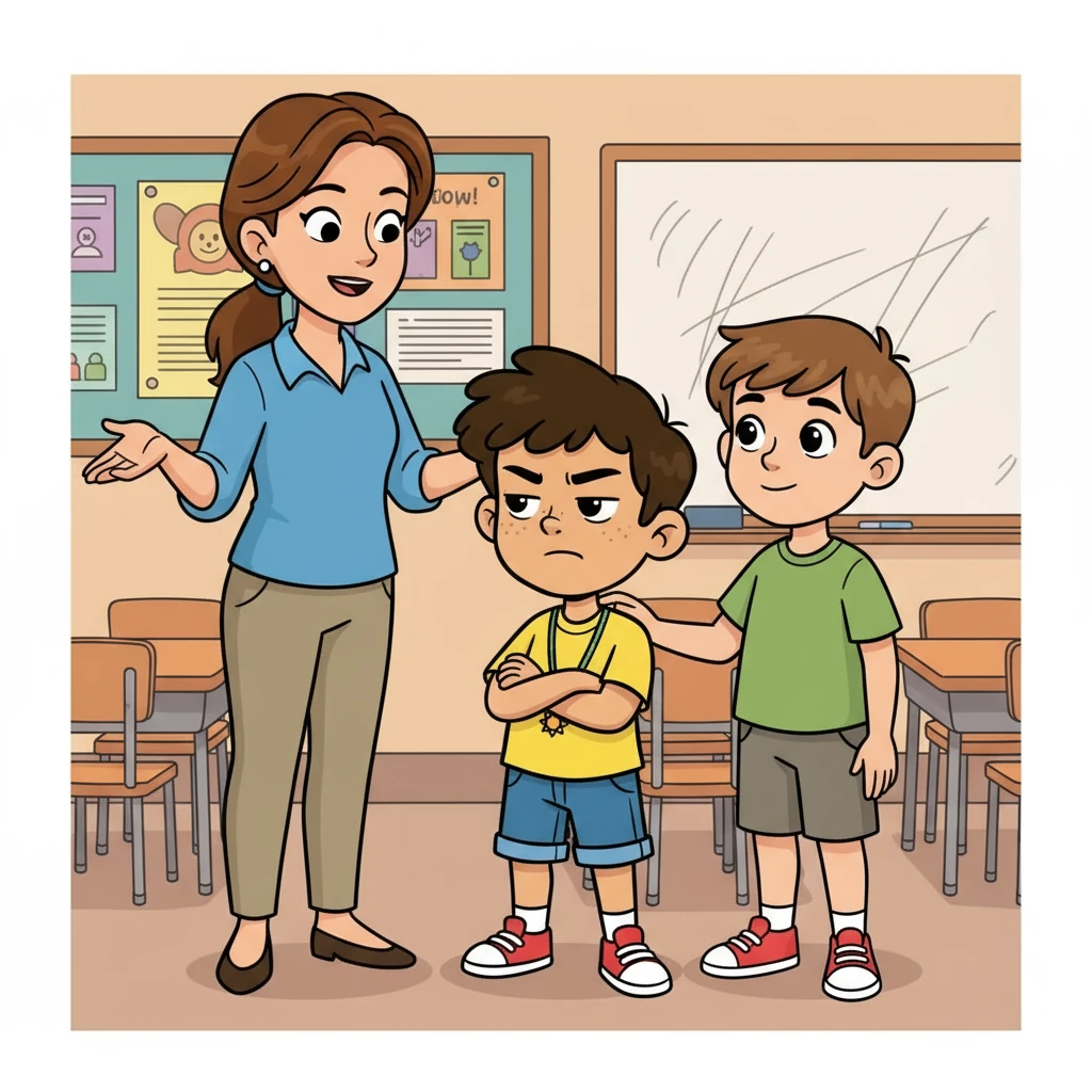 Un día, Joseph, molesto por una reprimenda, respondió de manera grosera a la profesora. Alejandro, al presenciar la escena, se acercó a Joseph. Le explicó que, aunque a veces las reglas parecieran molestas, eran necesarias para proteger el bienestar de todos.