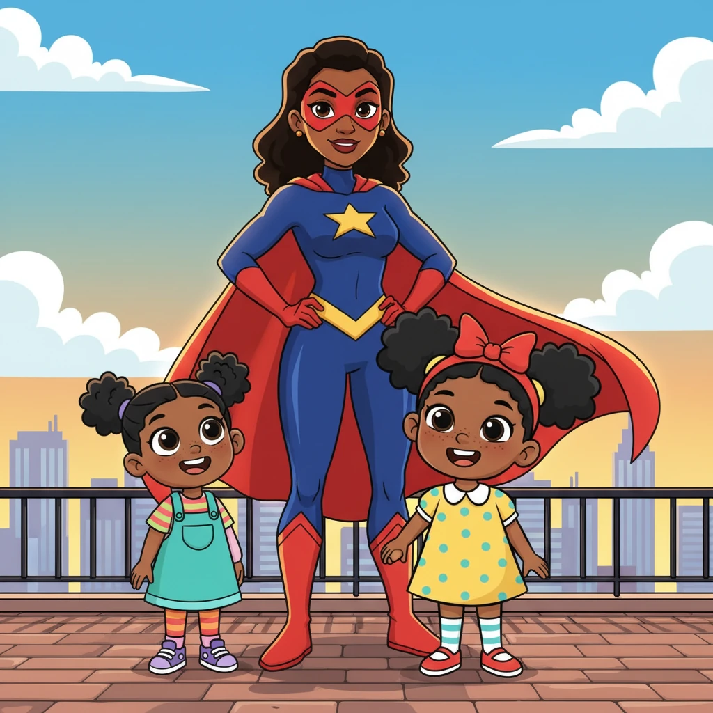 Aisha and Maya, wide-eyed and beaming, watch their magnificent mother, Captain Sparkle. She stands tall in her vibrant superhero suit, a flowing cape swirling behind her, hands confidently on her hips. Her face glows with determination and a proud, knowing smile, ready for any challenge the day might bring.