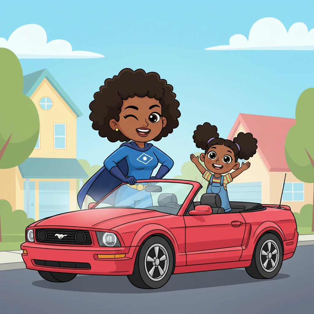Captain Sparkle winks at her adoring daughters before gracefully stepping into her sleek, cherry-red 2005 Mustang convertible. The engine purrs to life, a gentle rumble of power. Aisha and Maya wave excitedly, their hearts swelling with pride as their hero prepares for her daily patrol.