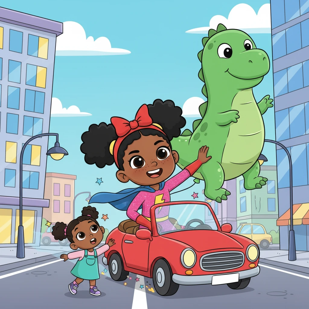 Zooming through a bright, bustling city street, Captain Sparkle skillfully navigates her convertible. She spots a runaway giant balloon, shaped like a friendly dinosaur, floating dangerously towards a tall building. With a swift maneuver and a confident grin, she effortlessly guides it safely back to its owner.