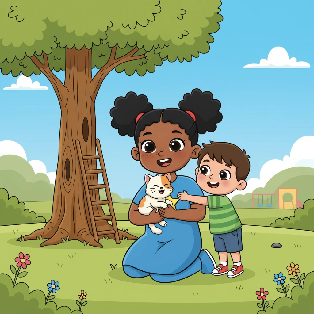 Later, Captain Sparkle gently coaxes a fluffy, lost kitten down from a tall tree, its tiny meows turning into happy purrs in her arms. She reunites the grateful kitten with its overjoyed owner, a little boy who gives her a huge hug. Her day is filled with these small acts of kindness and big saves.