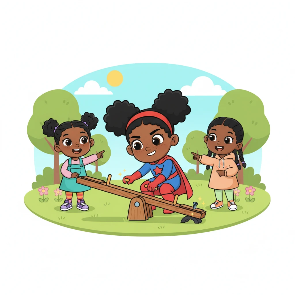 In the park, she notices a wobbly seesaw. With a mighty, but gentle, push and a quick adjustment, she secures it perfectly, bringing smiles to the children waiting to play. Captain Sparkle believes every problem, big or small, deserves her heroic attention.