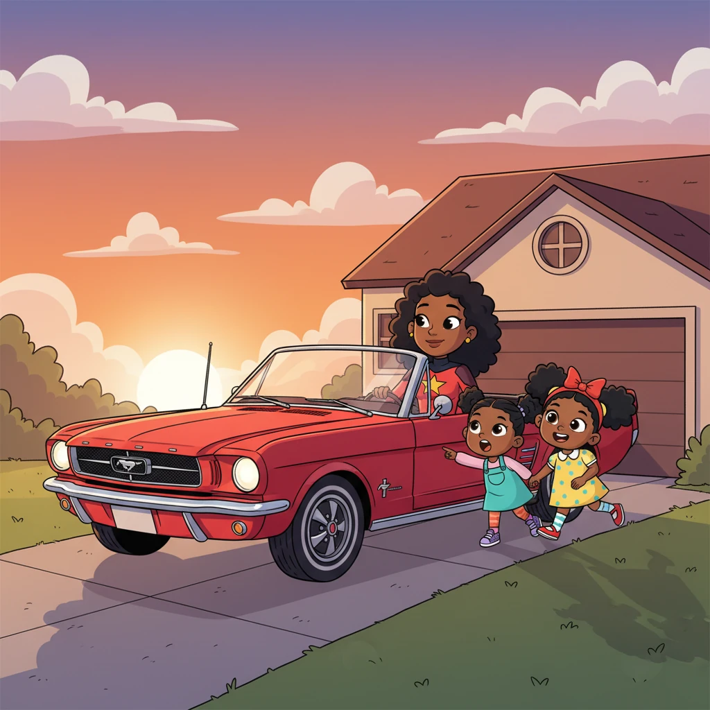 As the sun begins to set, Captain Sparkle, looking radiant and unfazed, pulls her Mustang back into the driveway. Aisha and Maya rush out, their imaginations buzzing with grander adventures they believe she must have had. They chatter excitedly about saving the world from giant robots or mischievous aliens.