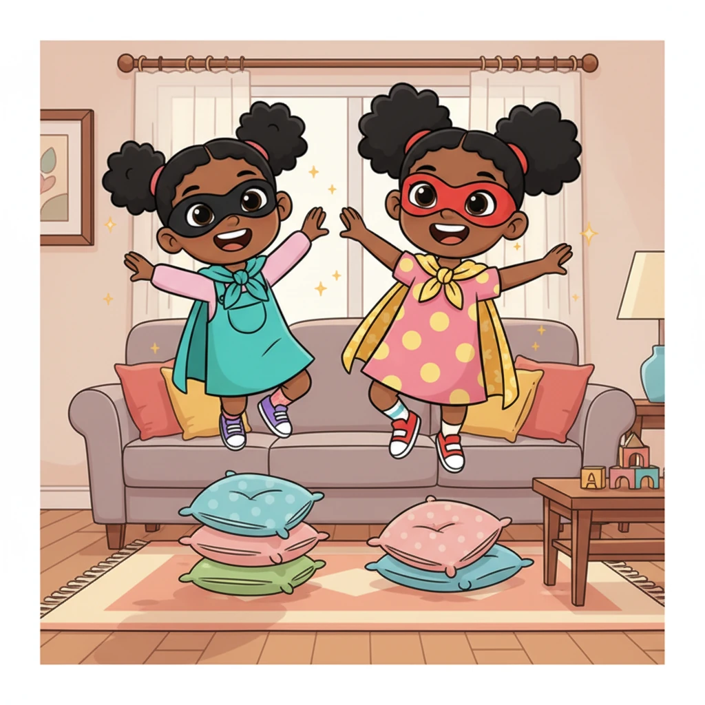 Inside, Aisha and Maya don their own makeshift capes and masks, mimicking their mom's confident poses. They leap from sofa cushions, whispering about secret missions and imaginary villains, their play filled with the same determination they see in Captain Sparkle. Their laughter echoes through the house.