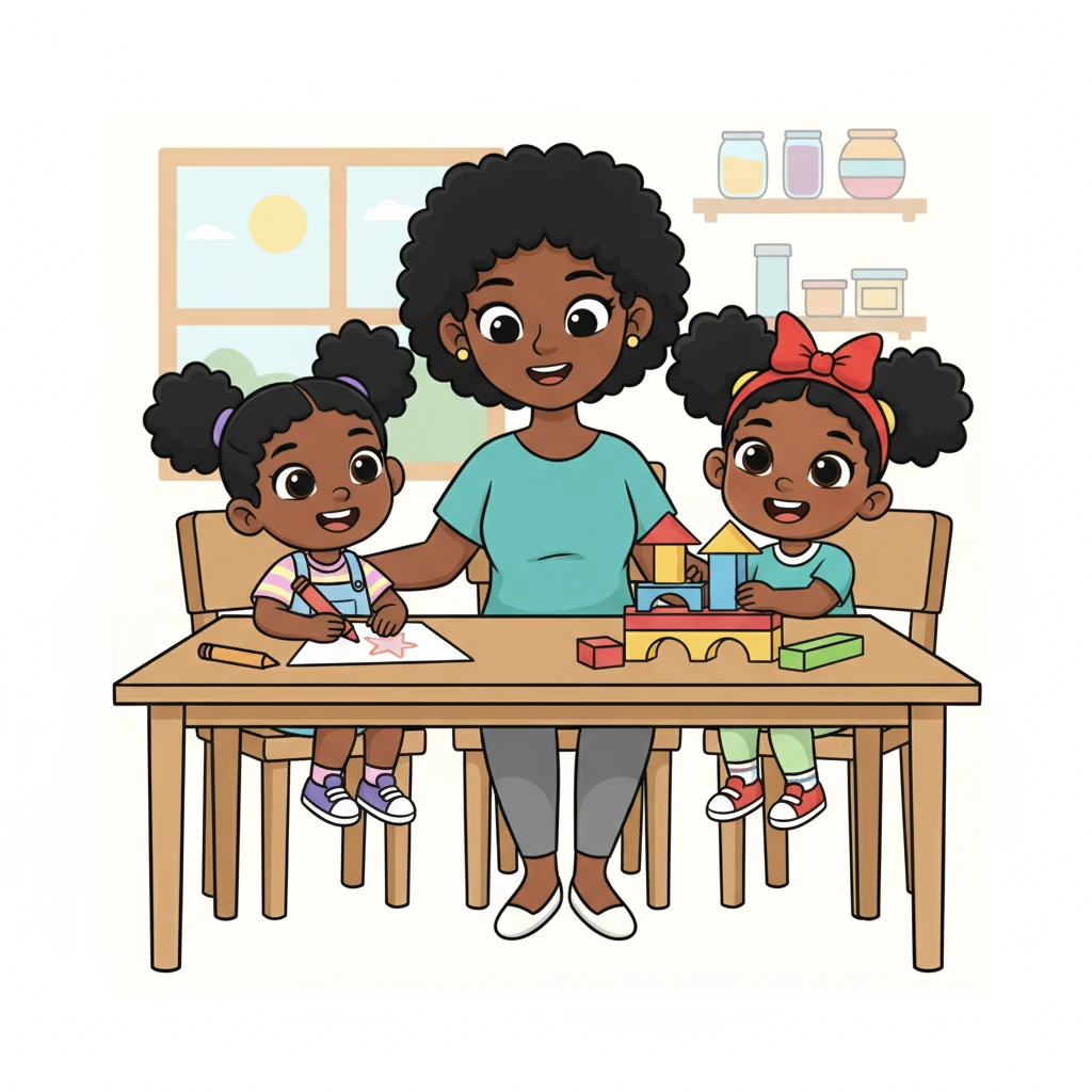 Later, Mom, now in her comfortable home clothes, sits at the kitchen table helping Aisha with her drawing and Maya with her block tower. She patiently guides them, her everyday actions filled with the same steady strength and wisdom as her heroic deeds. She's a superhero in every moment.