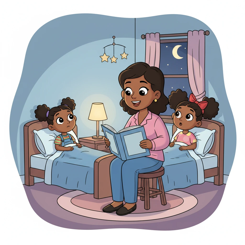 Tucked snugly in their beds, Aisha and Maya listen intently as their mother reads a bedtime story. They ask about her day, their eyes twinkling with wonder. Mom shares a simplified version of her adventures, emphasizing the importance of kindness and helping others.