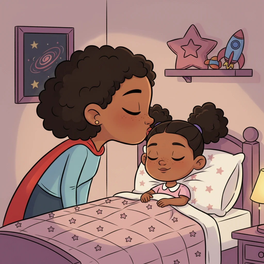 Mom kisses their foreheads, her heart overflowing with love. She knows her true superpower isn't her cape or her car, but the joy and inspiration she brings to her daughters. As they drift to sleep, Aisha and Maya dream of their amazing Captain Sparkle, the best hero in the whole wide world.