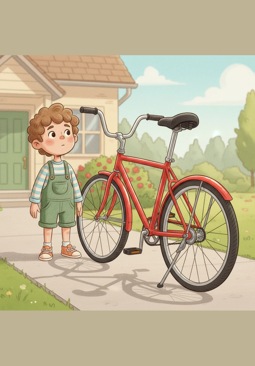 Leo stares at his brand-new, shiny red bicycle sitting in the driveway. It looks beautiful, but to Leo, the tall seat feels like a giant mountain he is not quite ready to climb.