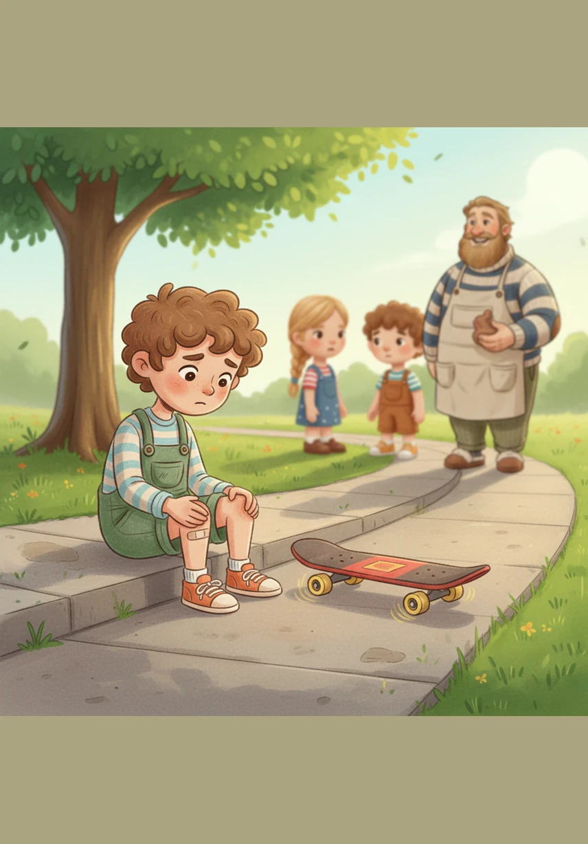 He remembers the time he scraped his knee on the sidewalk last summer. He gently touches his knee and feels a little flutter of worry in his tummy as he looks at the spinning wheels.