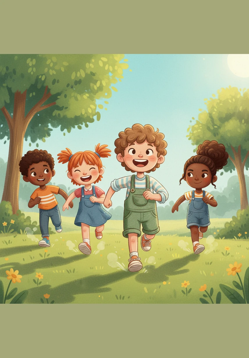 At the park, his friends are zooming around like colorful streaks of lightning. They wave their hands at Leo, calling for him to come and join the fast-paced fun on the grass.