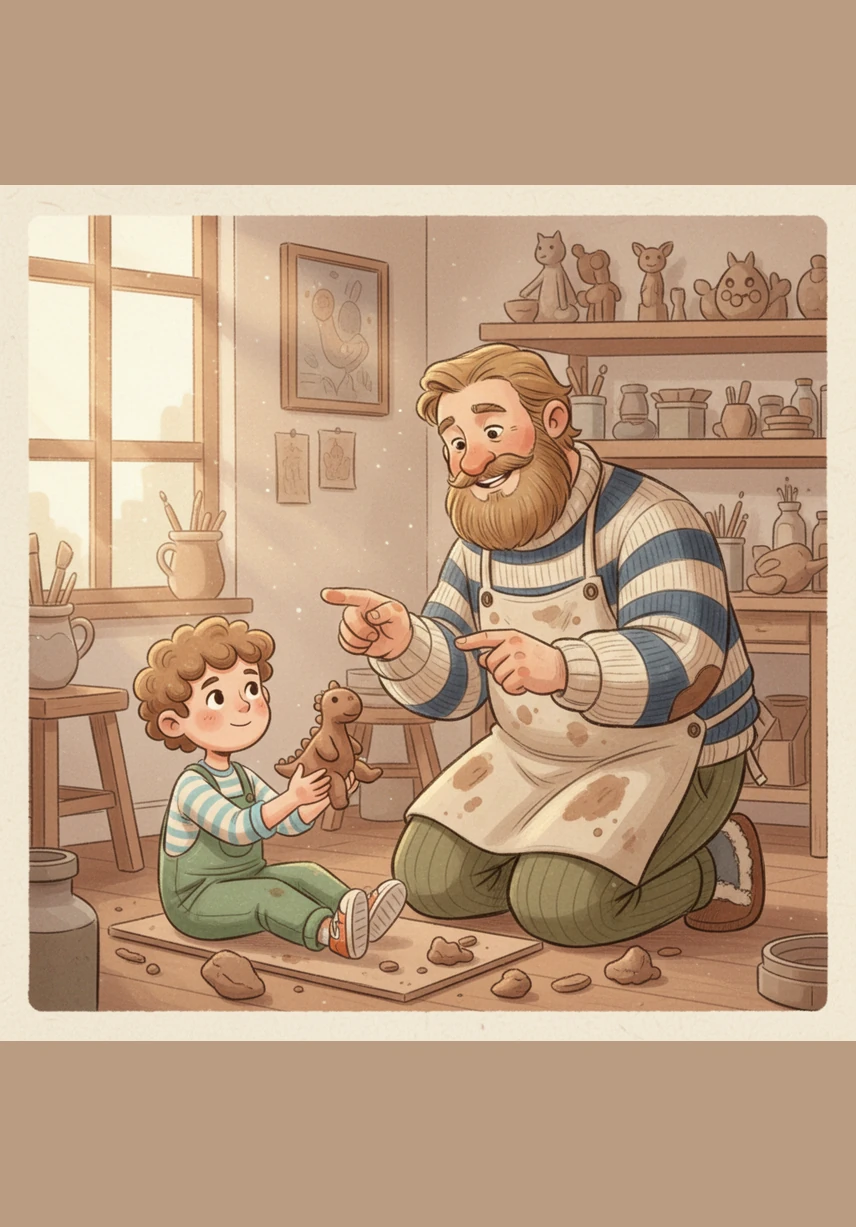 His dad crouches down beside him with a warm, encouraging smile. He places a steady, strong hand on the back of the seat to keep Leo balanced and safe.