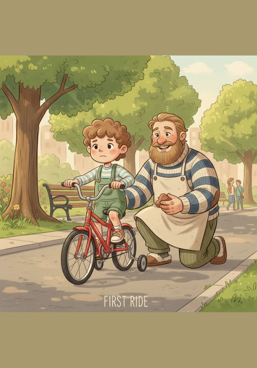 Leo takes a deep breath and pushes the pedal down for the very first time. The wheels turn with a soft click-clack sound as he moves slowly along the smooth park path.