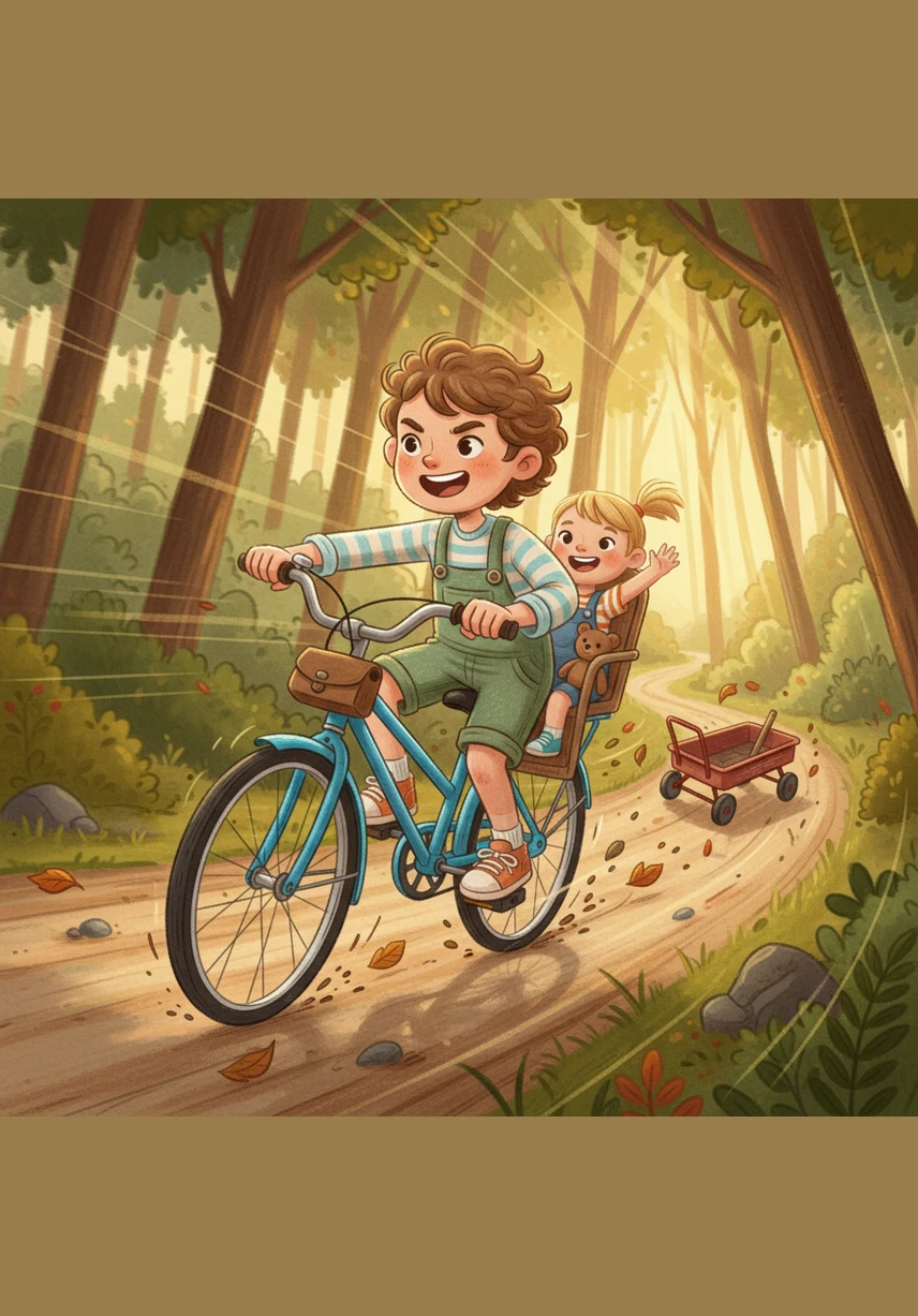 As the bike picks up speed, Leo feels the cool morning wind brushing against his cheeks. He is moving forward, and the ground beneath him doesn't feel so scary anymore.