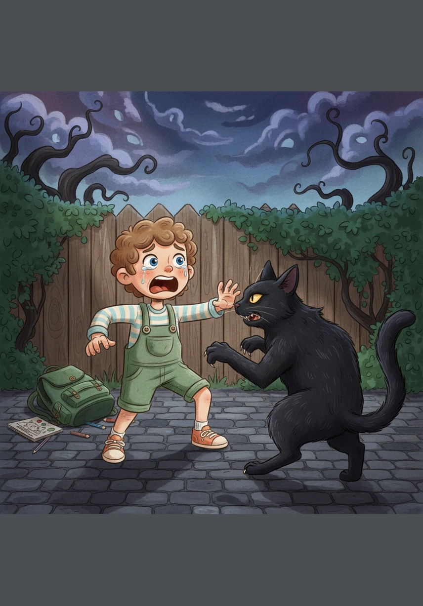 Suddenly, there is a small wooden bump in the road ahead. Leo wobbles for a second and gasps, but he grips the handles tight and stays upright through the little jolt.