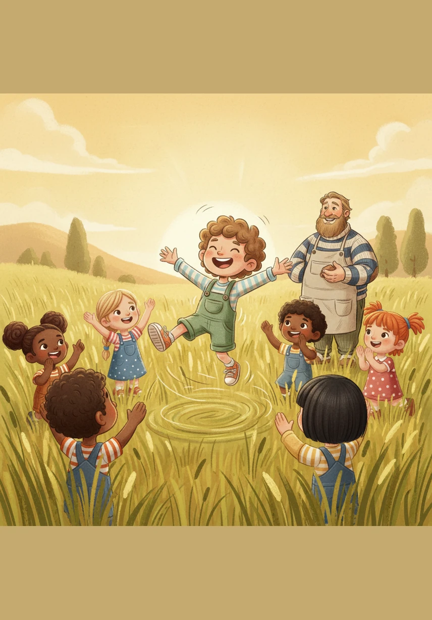 Leo smiles wide as he circles around his cheering friends in the tall grass. He isn't afraid of falling anymore because he finally knows how wonderful it feels to fly.