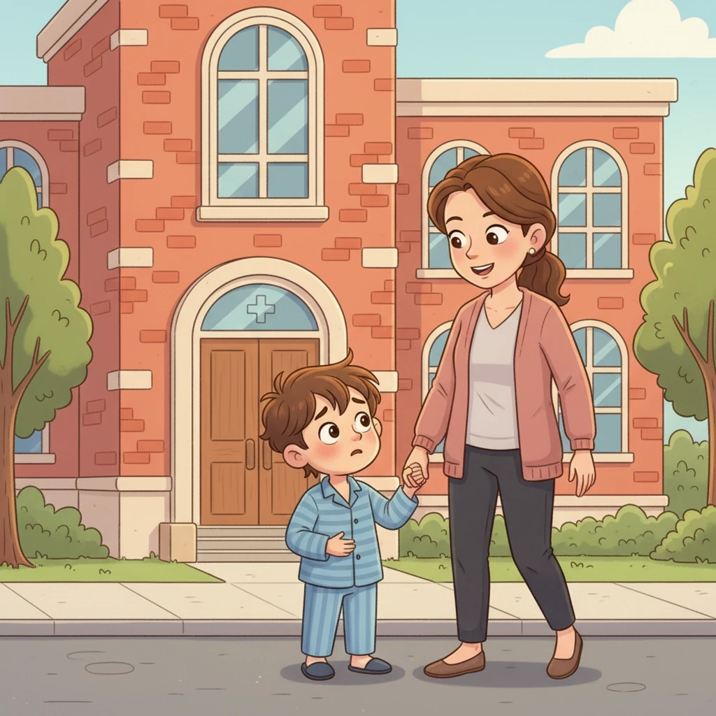 Mommy helped Akito get ready, and they walked hand-in-hand to the doctor's office. The building looked big, but Akito held Mommy's hand tight. Mommy smiled and told him everything would be okay.