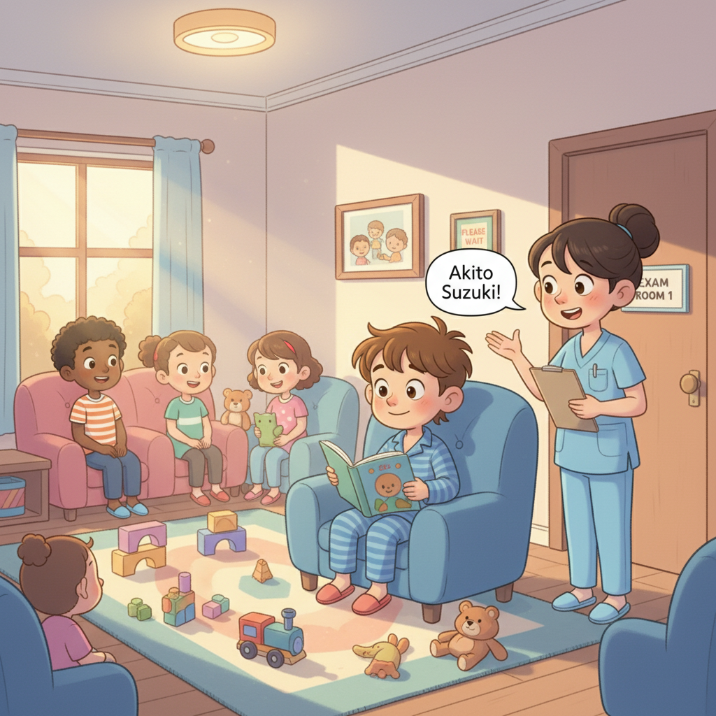 Inside, the waiting room was filled with colorful toys and friendly faces. Akito sat in a comfy chair and looked at a book. A friendly nurse called his name, and it was Akito's turn to go in.