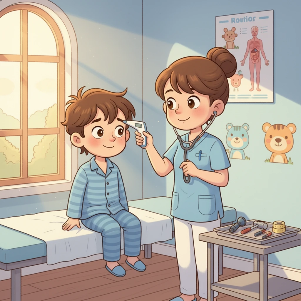 The doctor, with a kind smile, greeted Akito. She had a gentle voice and showed Akito all the tools. Akito felt a little brave as the doctor checked his temperature and listened to his heartbeat.