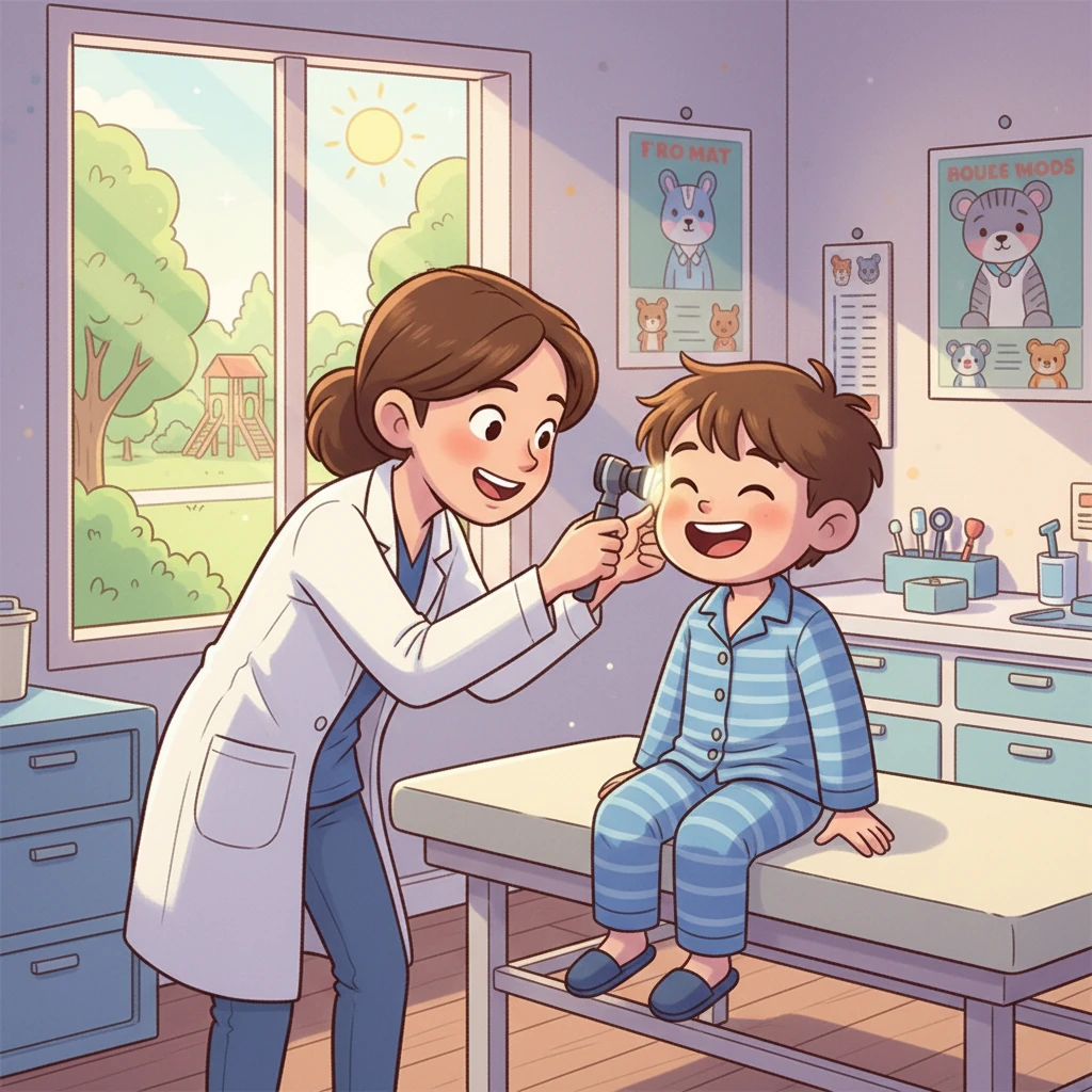 Next, the doctor checked Akito's eyes and ears. It tickled a little, but Akito giggled. The doctor explained everything she was doing, making Akito feel safe and comfortable.