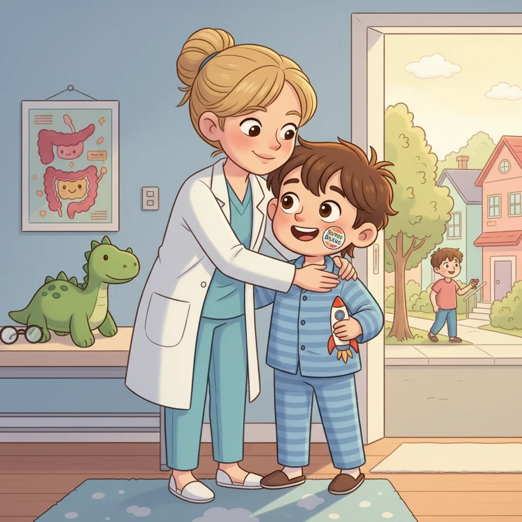 After the checkup, Akito got a sticker and a big hug from the doctor. On the way home, Akito realized that going to the doctor wasn't so scary after all, and he felt happy and healthy.