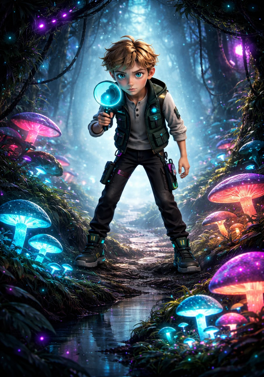 Finn stands at the edge of a misty, enchanted forest, holding a glowing magnifying glass. He is ready to explore the Kingdom of Fungi, a world of organisms that are neither plants nor animals but have a magic all their own.