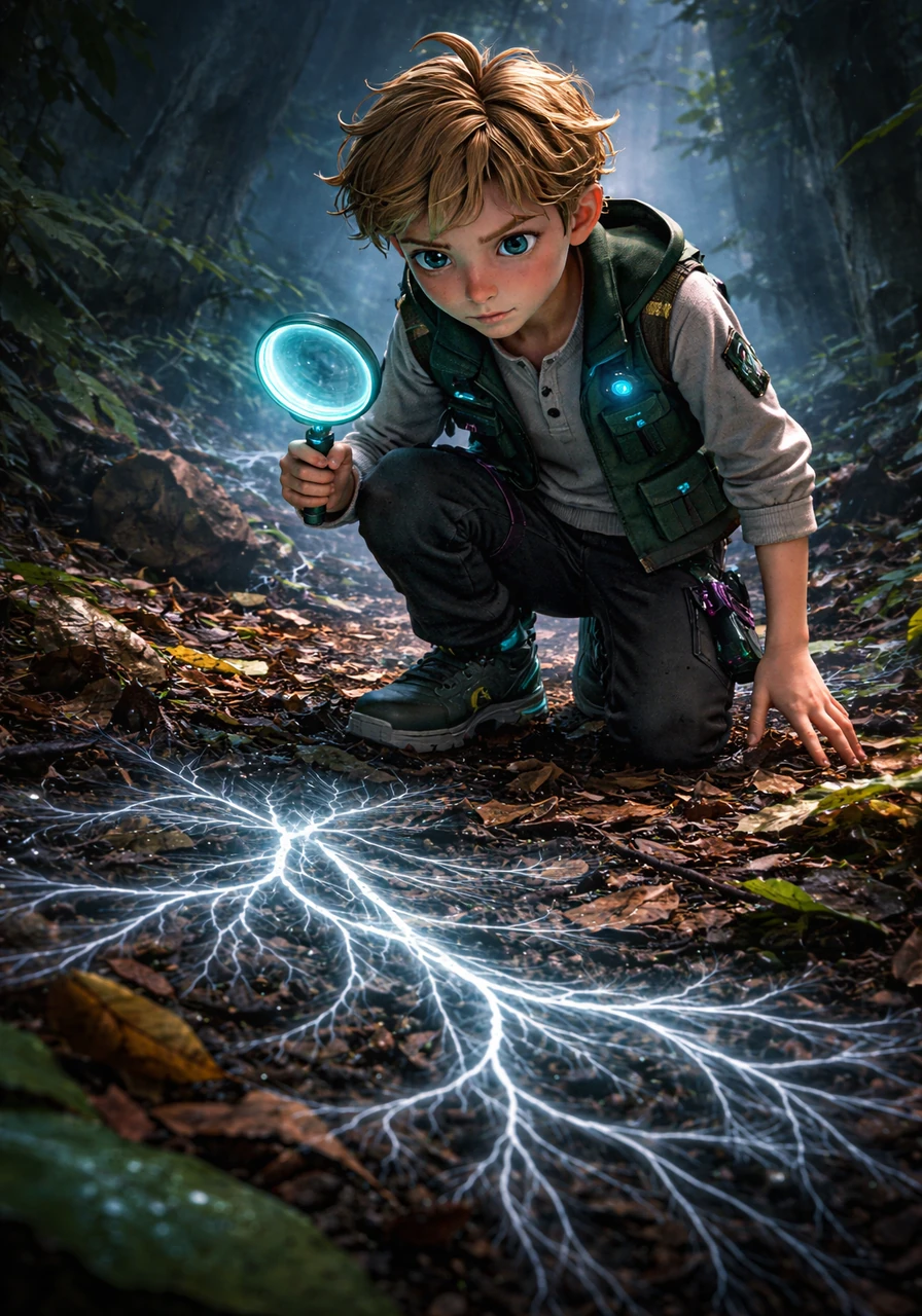 Finn kneels to look at a network of fine, white threads called mycelium spreading through the damp soil. He explains that these fungi have cell walls made of tough chitin and live by absorbing nutrients from decaying leaves and organic matter.
