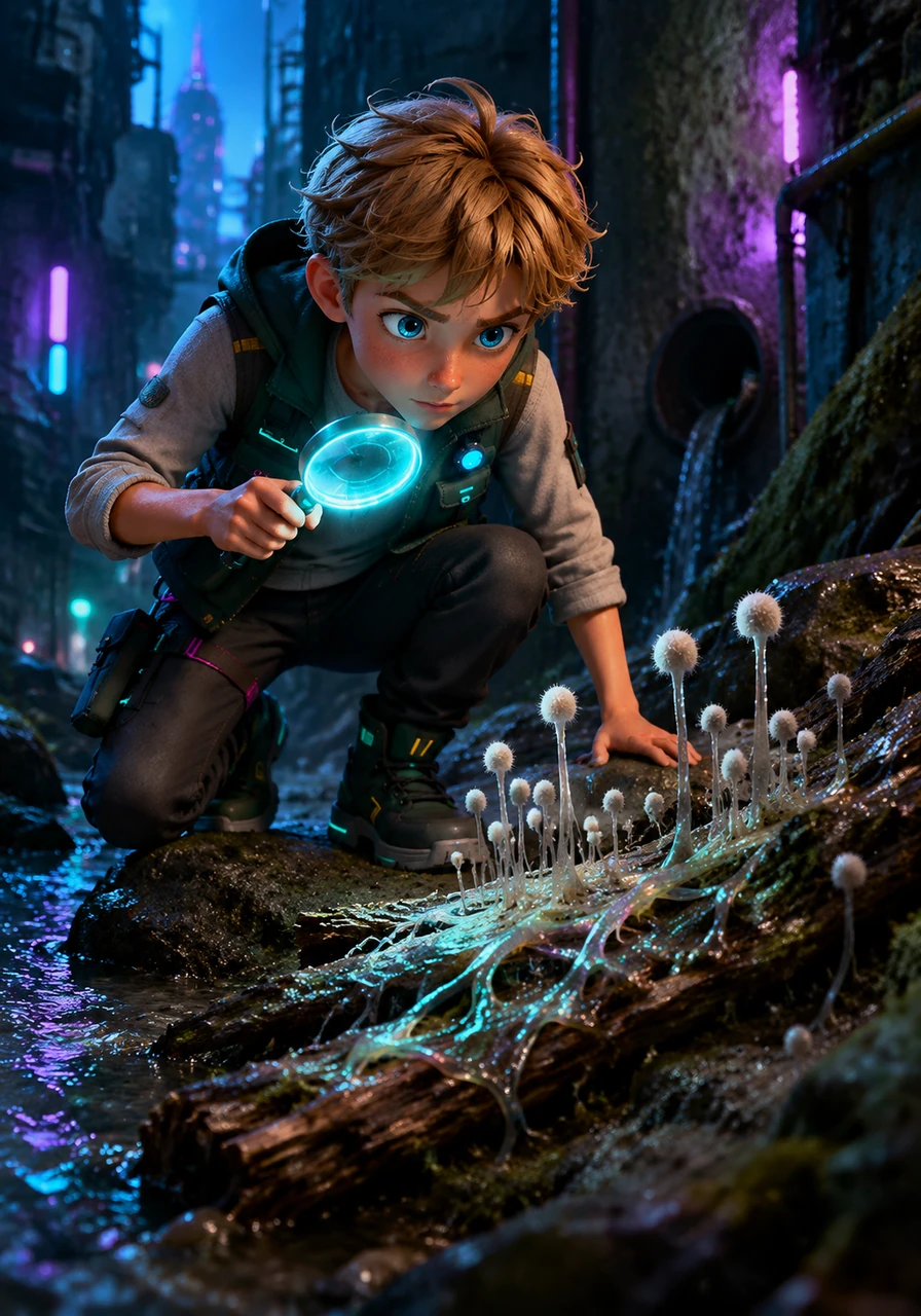 In a damp corner by a bubbling stream, Finn finds the Phycomycetes growing on a piece of soggy, decaying wood. These lower fungi have long, tubular hyphae that aren't divided by walls, appearing like a continuous, flowing highway of cytoplasm.