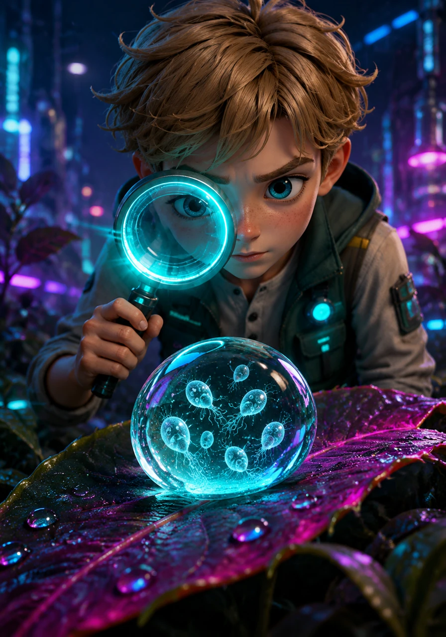 Finn watches through his lens as tiny spores called zoospores swim through a shimmering water droplet on a leaf. These are the reproductive seeds of the Phycomycetes, produced inside special sacs to help the fungus spread to new, moist homes.