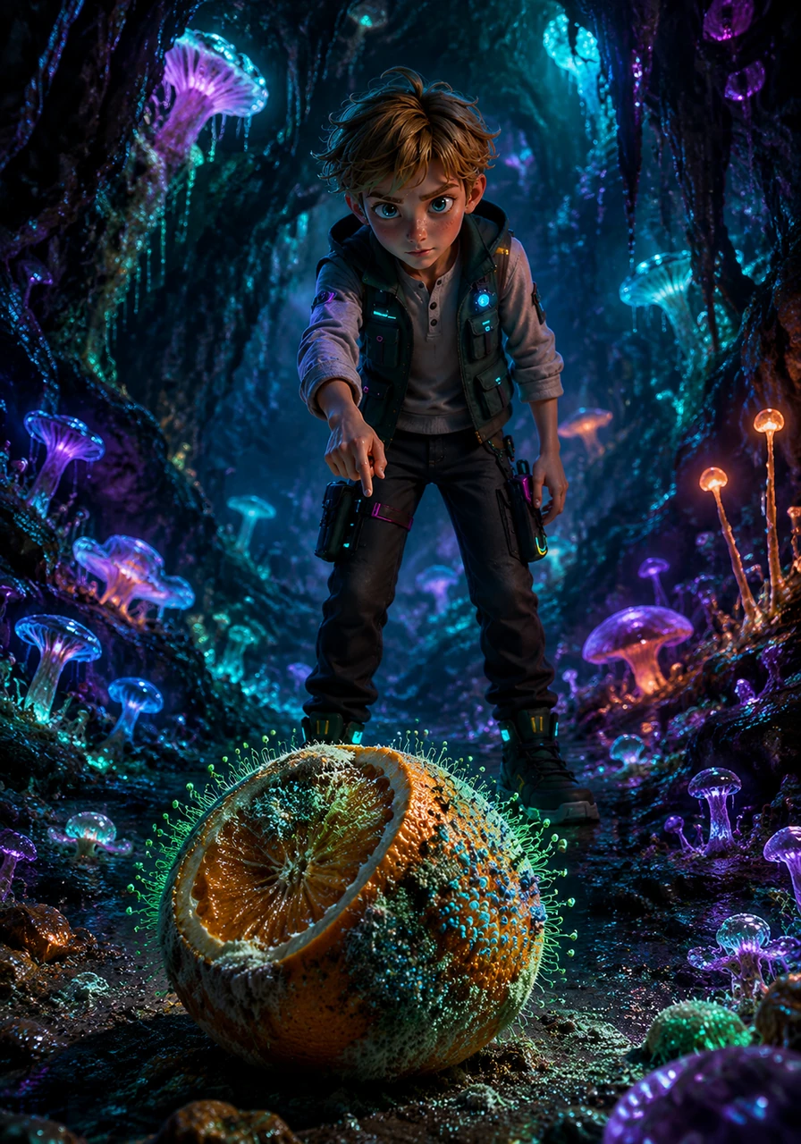 Finn enters a cavern filled with the sweet scent of fermentation, where the Ascomycetes, or sac fungi, reside. He points out tiny unicellular yeasts and the green, brush-like branches of Penicillium growing on a fallen citrus fruit.
