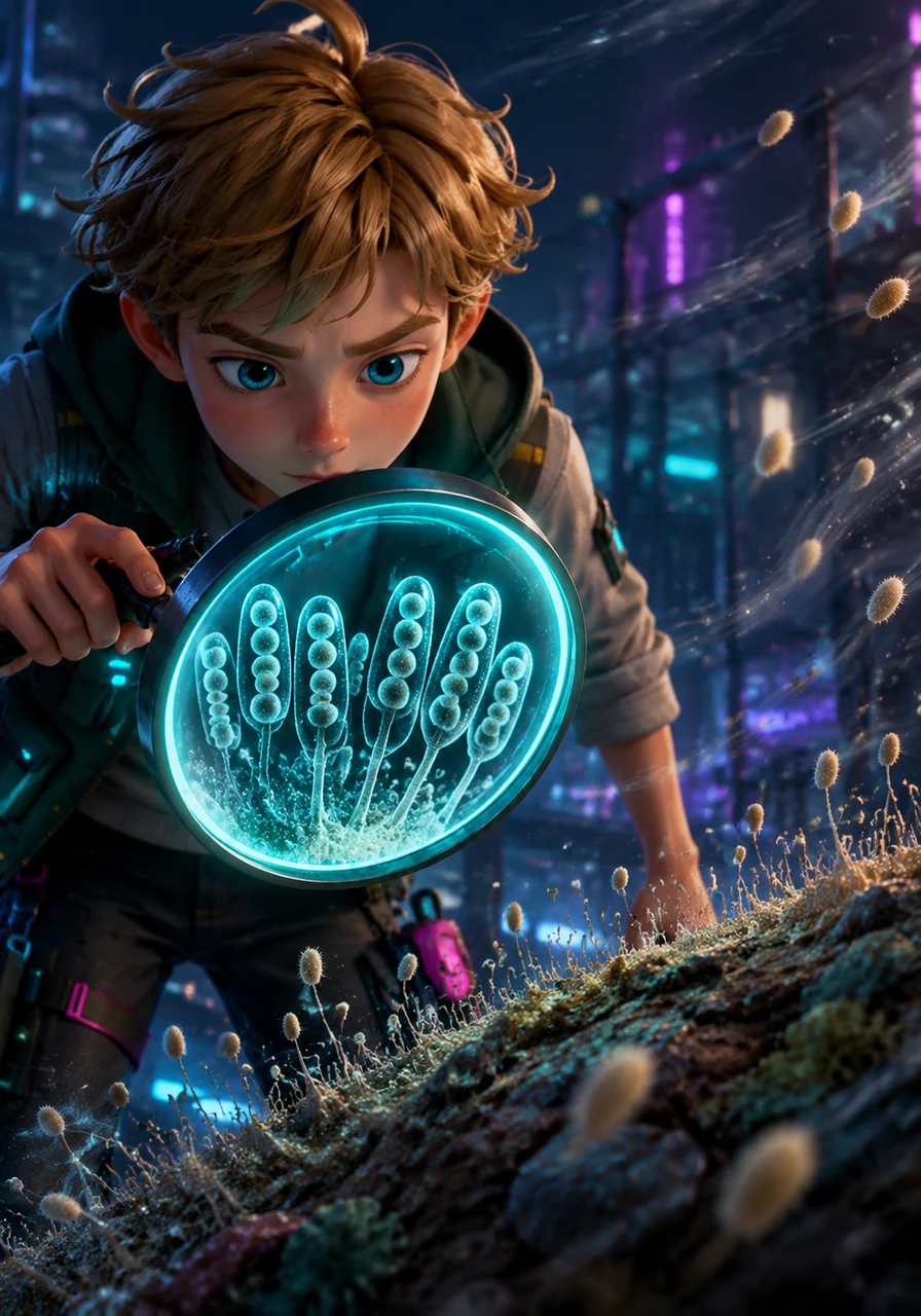 Under his magnifying glass, Finn reveals the microscopic sac-like structures called asci that give this group its name. Inside these tiny sacs, eight spores wait patiently for a gust of wind to carry them away to start a new life cycle.