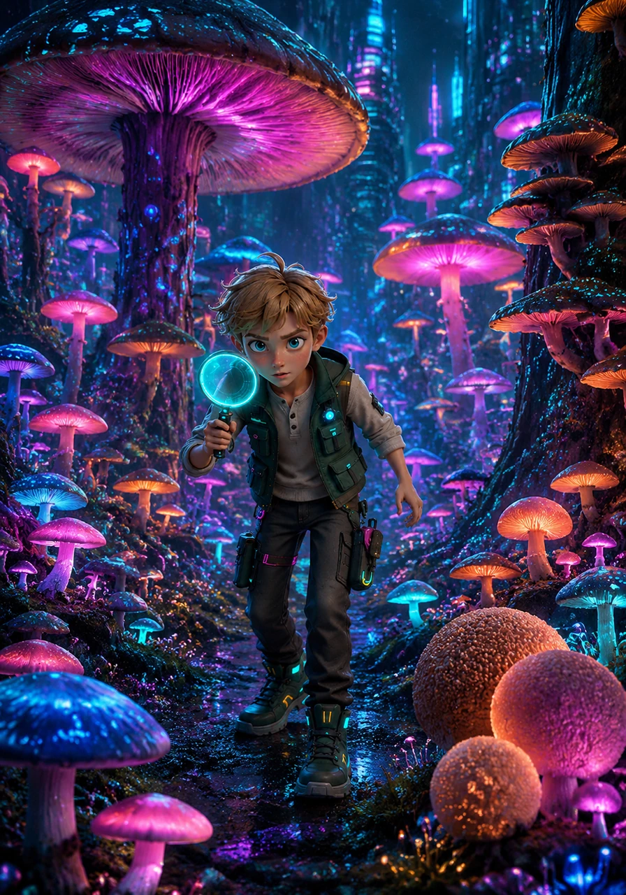 Finn wanders into a vibrant field of colorful umbrellas known as Basidiomycetes, the famous club fungi. Towering mushrooms, bracket fungi, and round puffballs rise from the earth, showing off their magnificent shapes and sturdy structures.