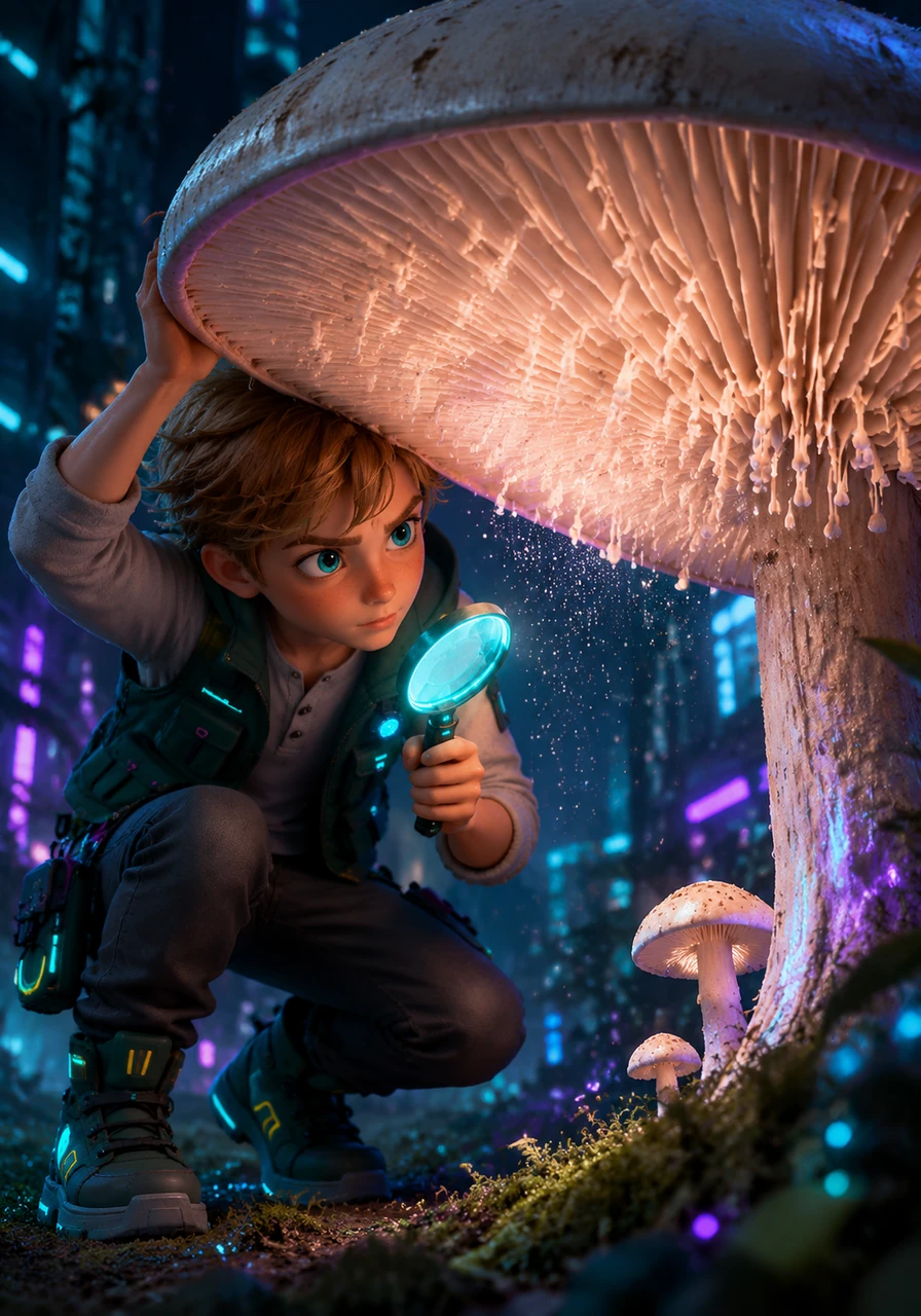 Finn peeks under the cap of a large Agaricus mushroom to see the delicate, radiating gills. Here, the fungus produces its spores on club-shaped structures called basidia, which are prepared to release a cloud of fungal dust into the evening air.
