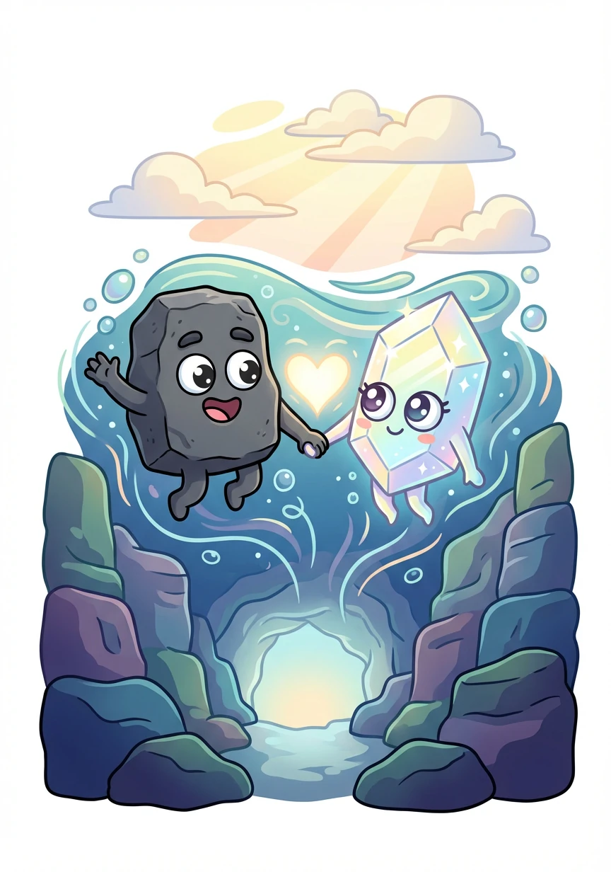 Basalto conoció a Plagioclasa, una gema brillante y hermosa. Se enamoraron profundamente y decidieron descender juntos a la fosa. La esperanza y el amor los impulsaban hacia lo desconocido.