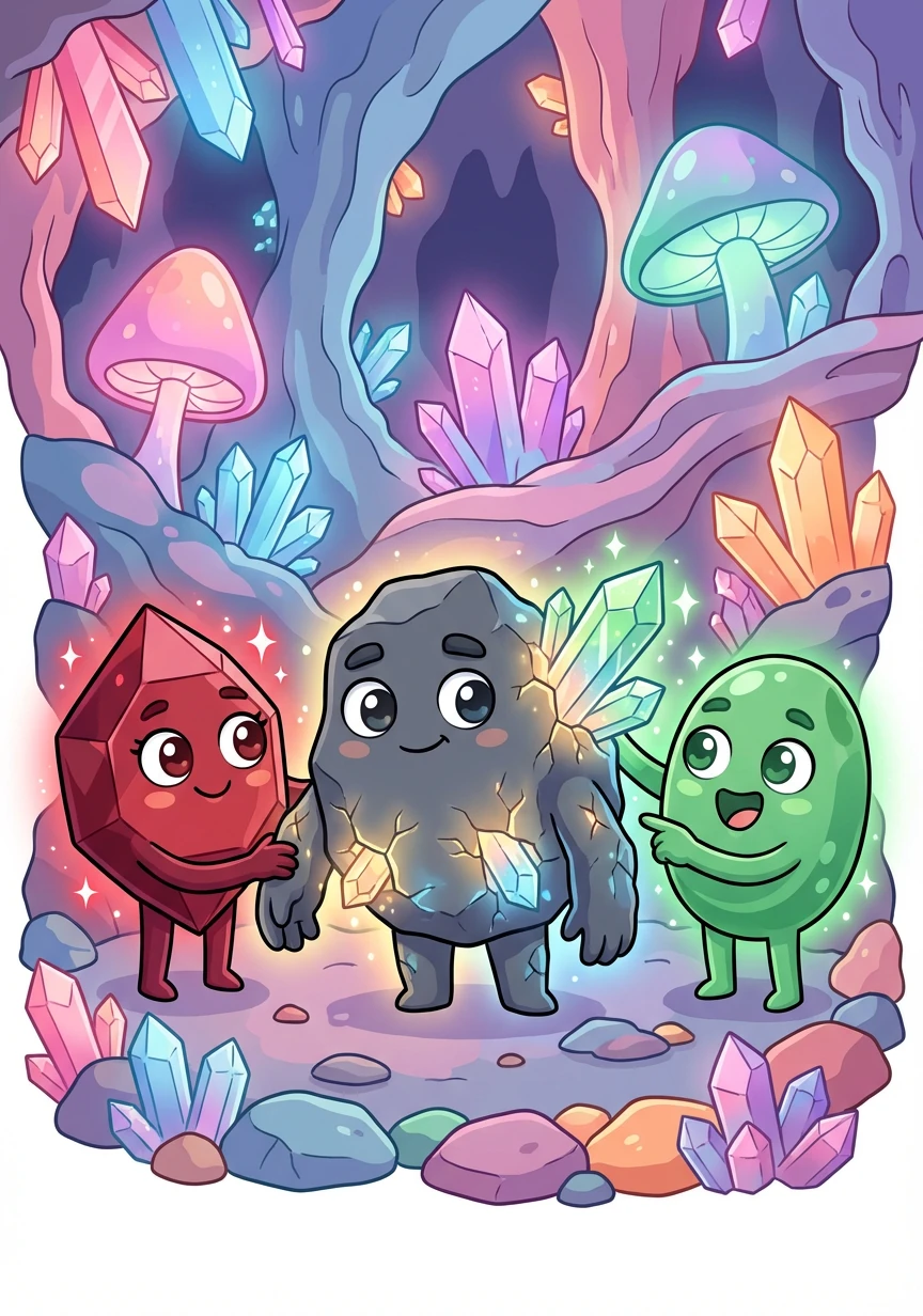 En lo profundo de la Tierra, Basalto encontró a Piropo y Onfacita, dos gemas extrañas pero amables. Ellos lo acompañaron en una nueva transformación, mostrándole el poder del cambio y la adaptación.