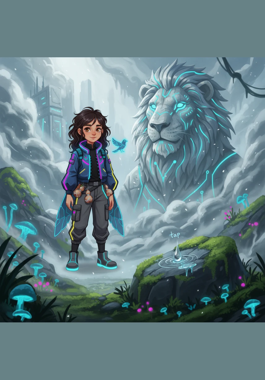 Kiri felt tired of the constant noise, so she flew far away until she found a hidden valley covered in thick, silver mist. In this secret place, the only sound was the gentle tap of a single dewdrop falling onto a mossy stone.