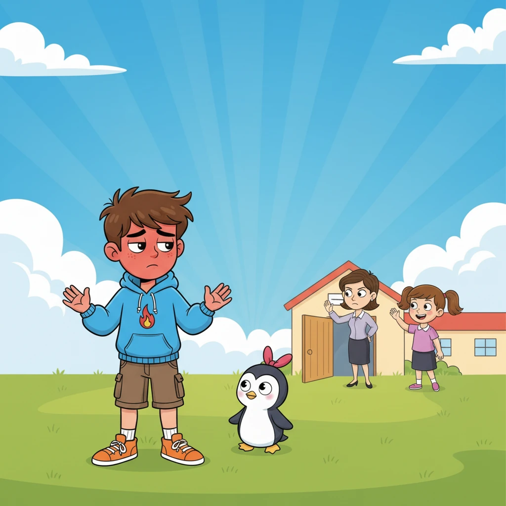 The teacher, with a serious but calm expression, pointed towards the door, and Amir found himself walking slowly out into the bright, hot sunshine. He had to stand in the middle of the school field, a tiny figure under the vast, blue sky, feeling the sun's burning rays on his skin. A wide shot of a school field under a blazing sun, with a small, sad Amir standing in the center, cartoon style.