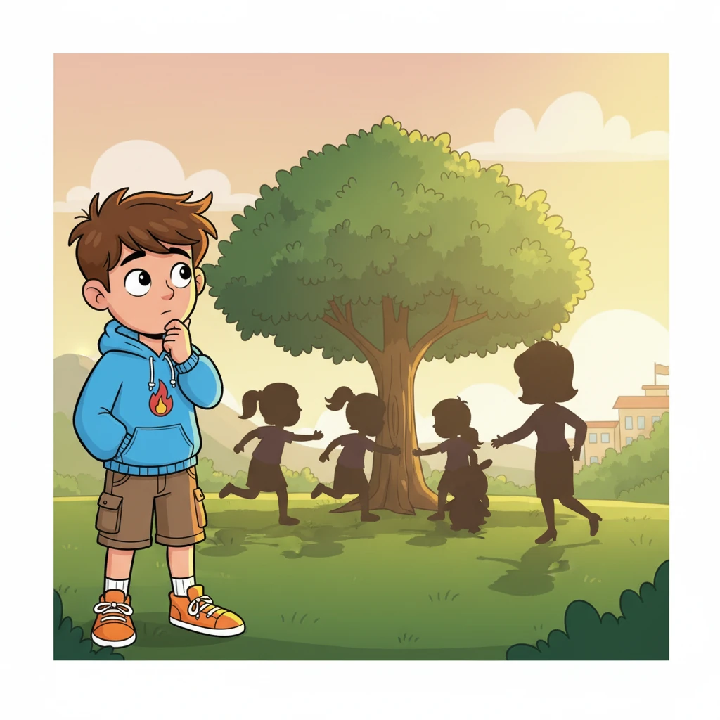 As the sun beat down, Amir's anger slowly began to melt away, replaced by a quiet thoughtfulness. He watched his classmates playing happily in the shade, realizing that his outburst had not only gotten him into trouble but had also made him miss out on fun. He decided that next time, he would try to speak with a calm voice. A close-up of Amir's face, no longer angry but looking reflective, with the bright sun above him and the faint outline of children playing in the background, cartoon style.