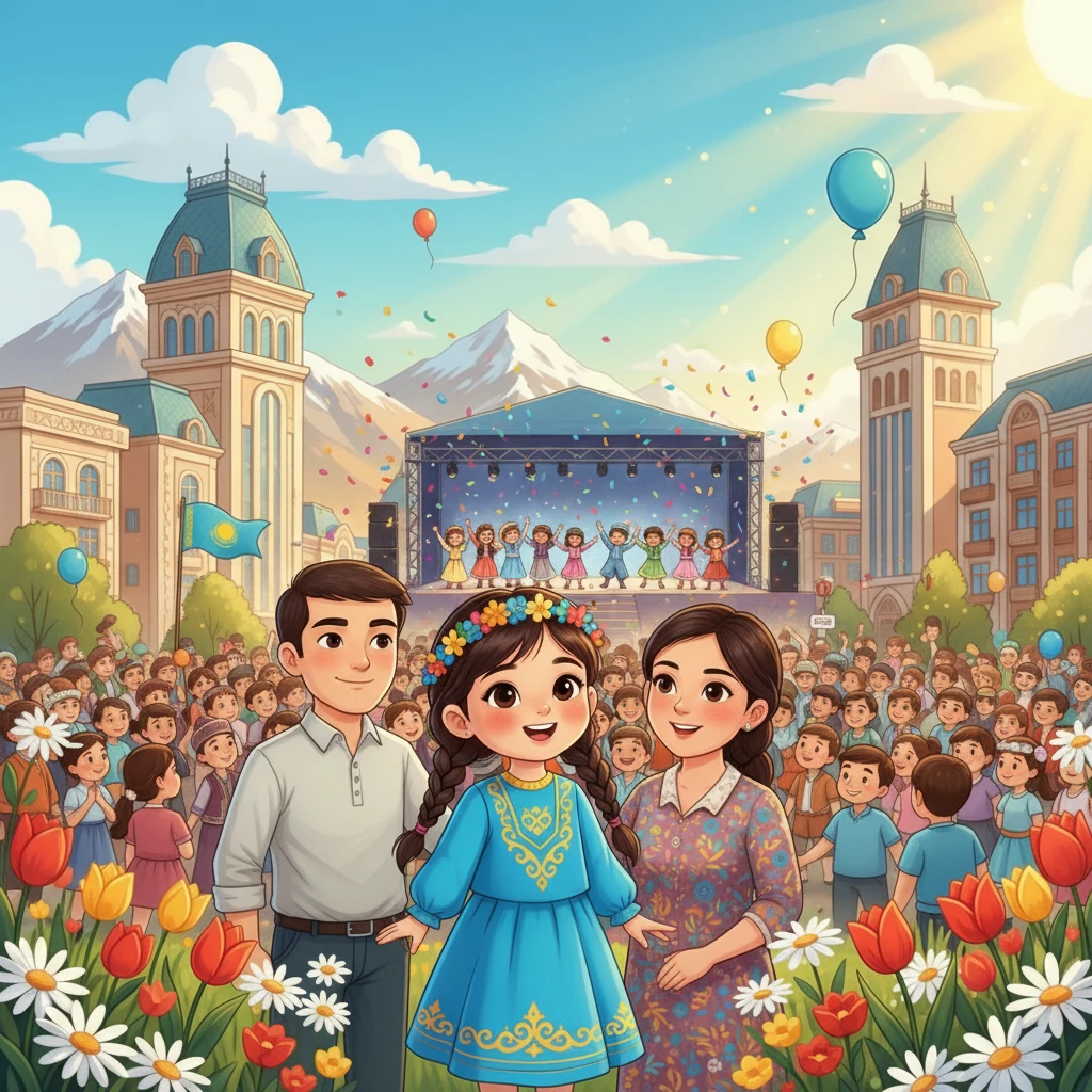 Айна әкесімен және анасымен алаңға келді. Олар мерекелік концертті көруге келген. Мерекелік киімдер киген балалар ән айтып, би биледі. Айна қуанышпен қарады және өзін бақытты сезінді.